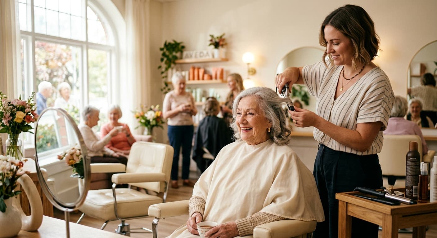 A StyleQ stylist styling a resident's hair on a salon day