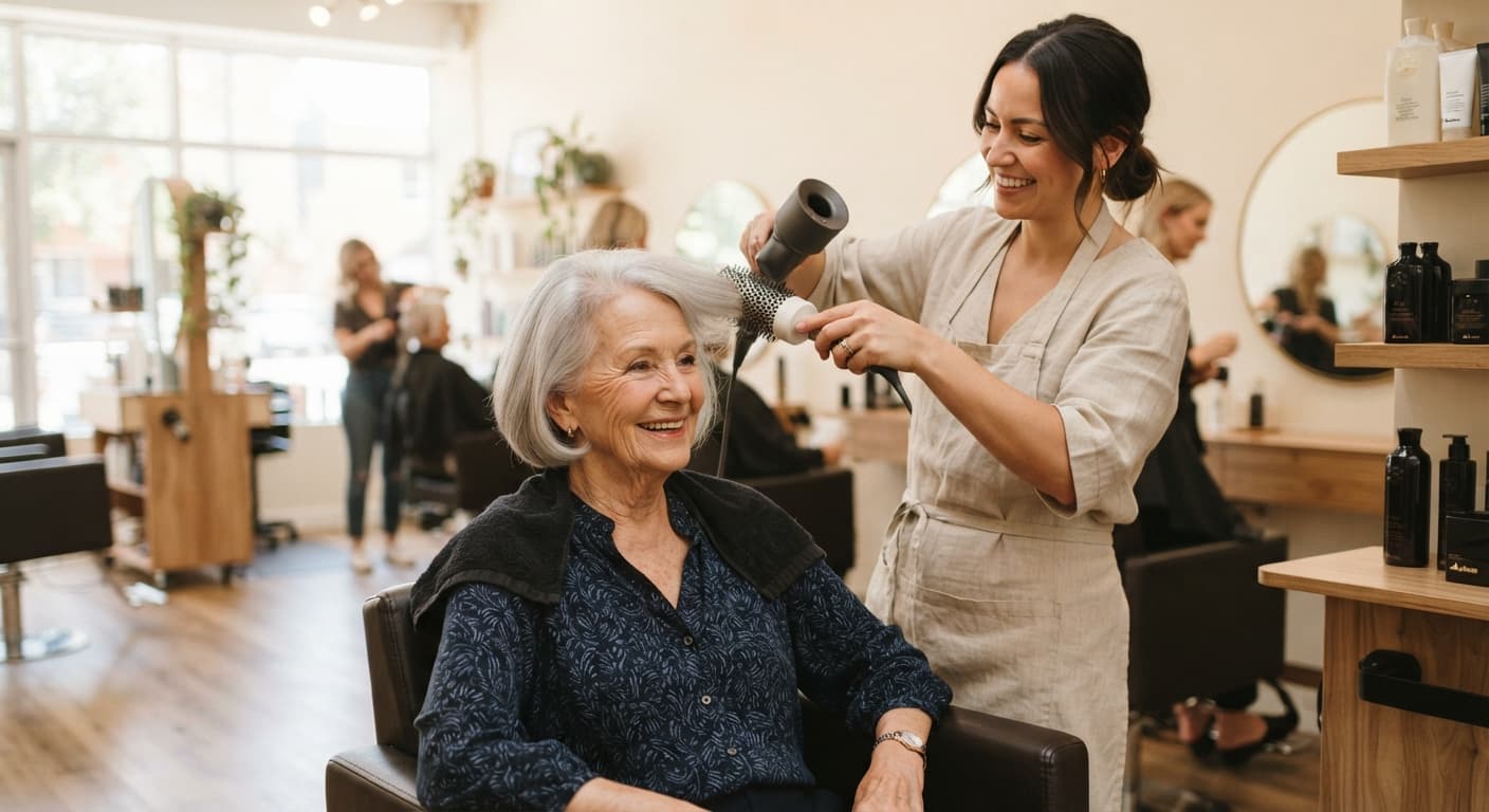 A resident smiling after a StyleQ salon visit