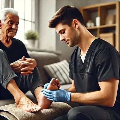 DALL·E 2024-09-30 13.10.49 - A professional service provider wearing black scrubs, providing foot care to an elderly man in an assisted living facility. The provider is gently exa