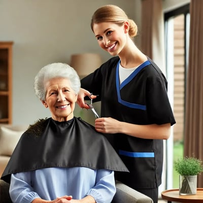 DALL·E 2024-09-30 13.11.45 - A professional service provider wearing black scrubs, providing hair care to an elderly woman in an assisted living facility. The provider is using ha