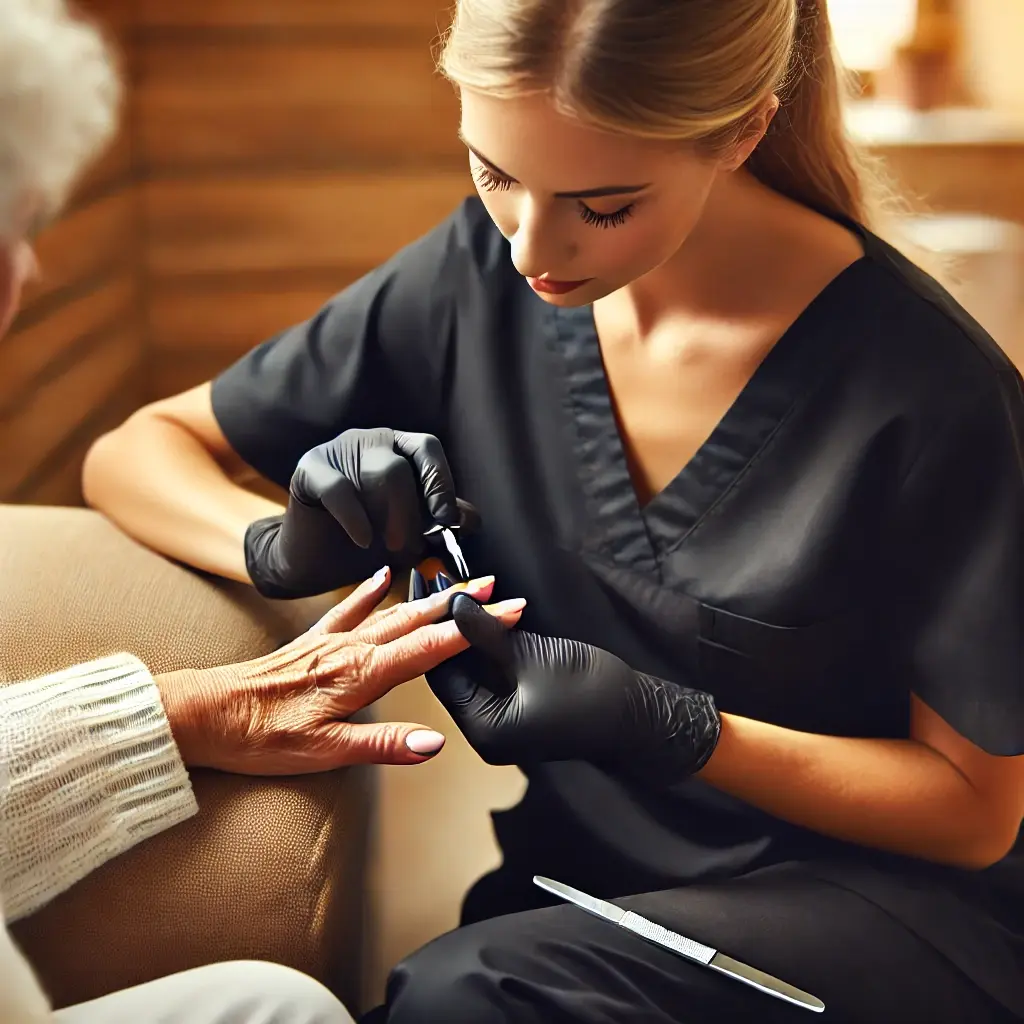 Professional providing nail care to an elderly woman in a comfortable setting